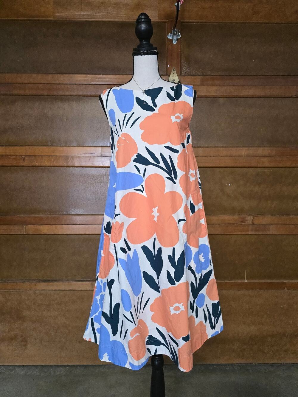 Marimekko x Uniqlo Floral A-Line Midi Dress Sz S Orange  Sleeveless Minimalist